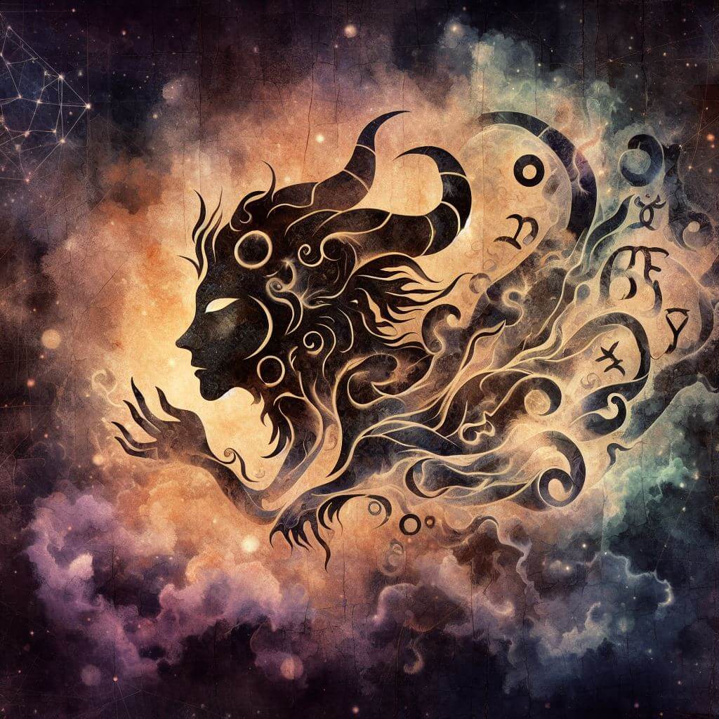 A dark zodiac sign in the sky in the form of a person with horns