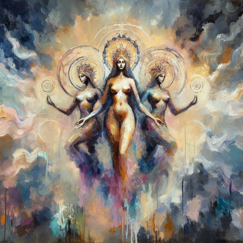 Oil painting of three goddesses in the sky as a representation of the divine feminine