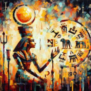 A painting of an ancient Egyptian pointing at the Egyptian zodiac signs