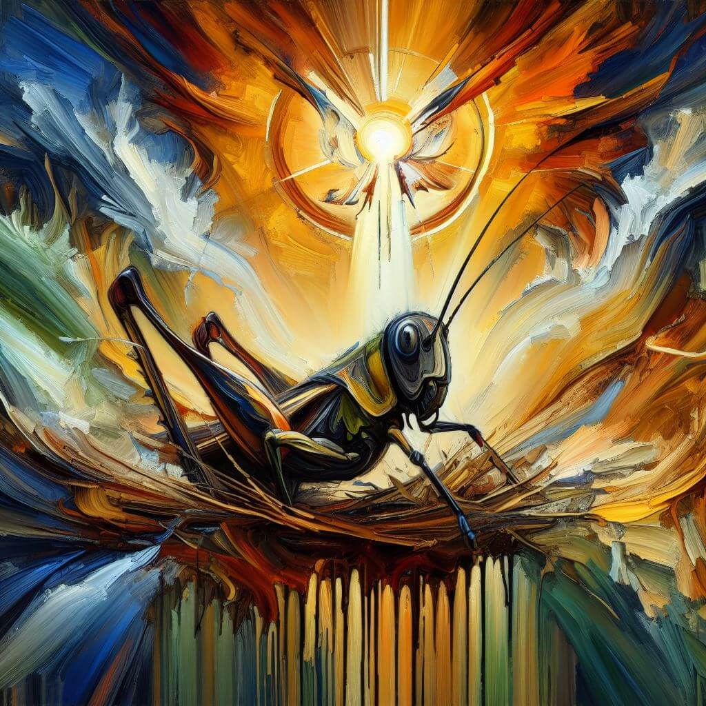 A painting of a grasshopper standing below some kind of cosmic entity or god