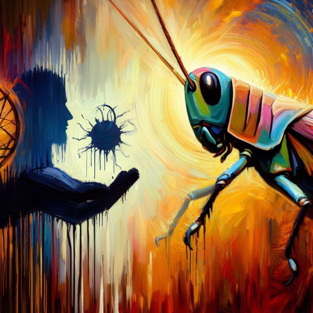 A painting where a shadowy figure holds the essence of the spiritual meaning of grasshoppers in front of a grasshopper