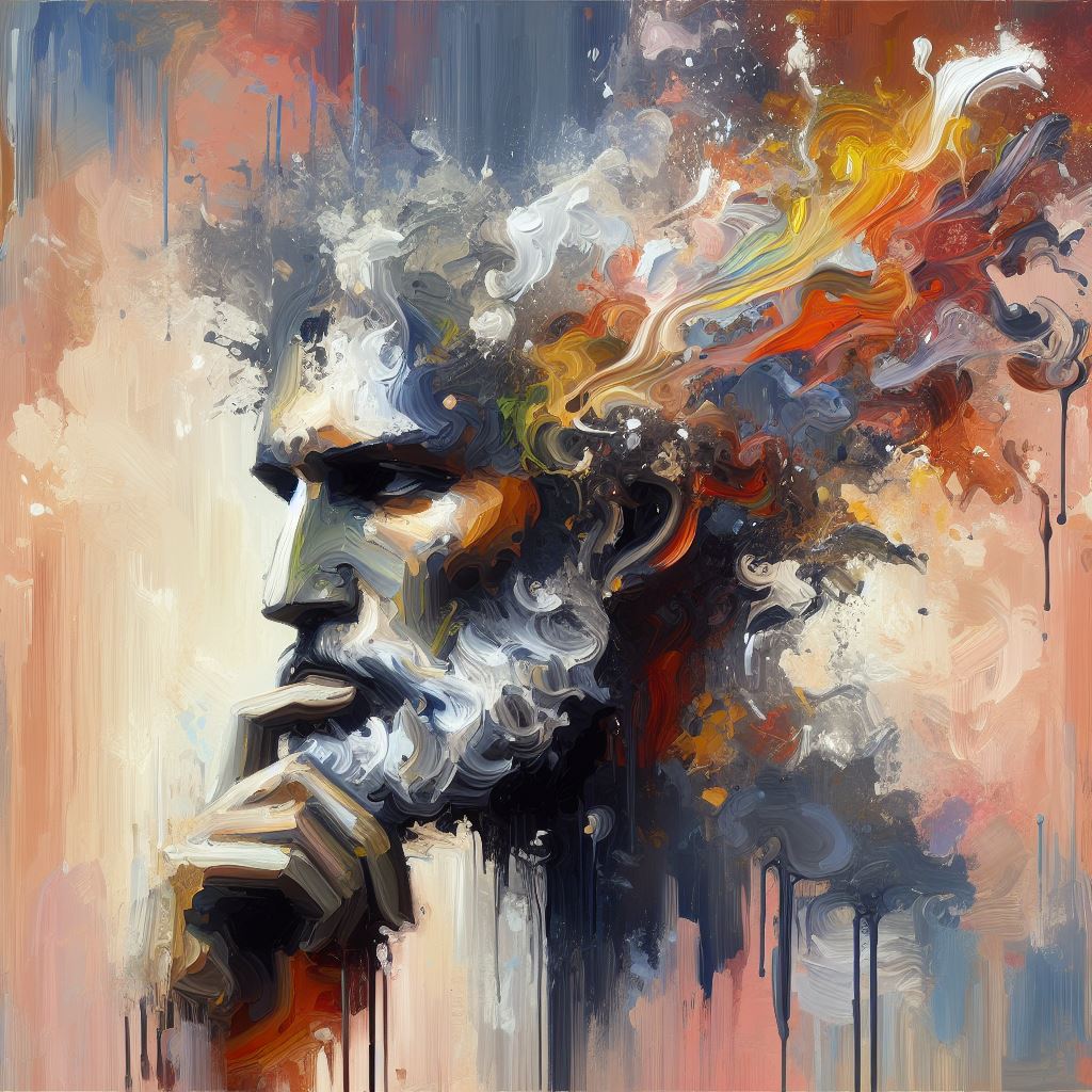 Oil painting of bearded man in deep thought