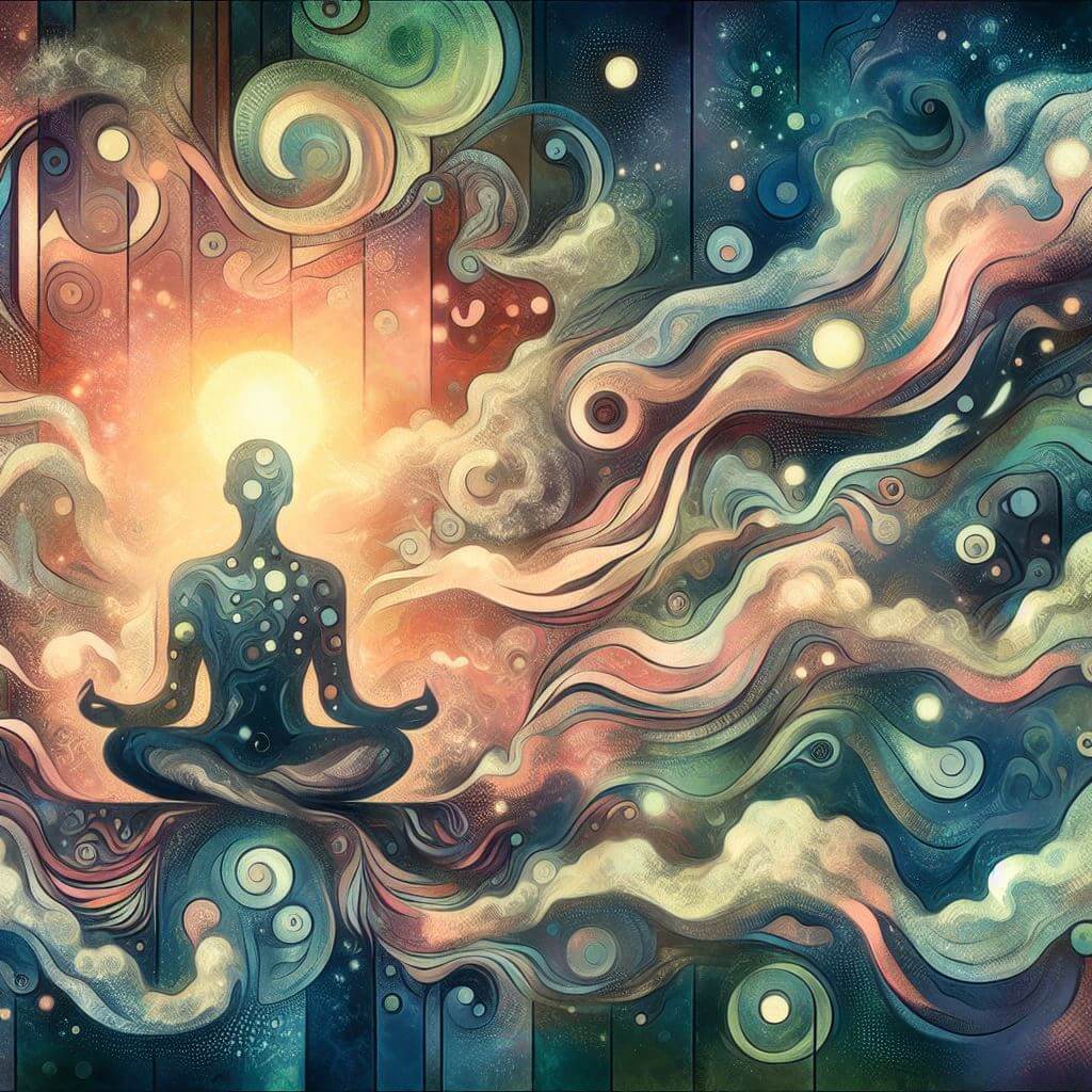 Illustration of person meditating while colorful clouds swirl