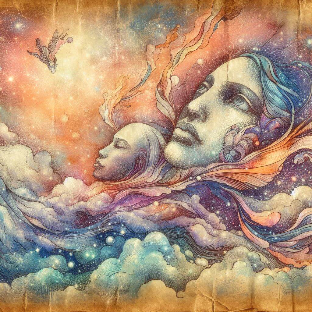 Colorful illustration of two faces in the clouds, one sleeping and one with open eyes