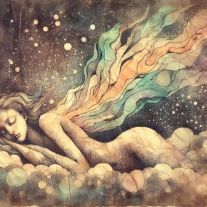 Illustration of a you woman sleeping on clouds, she represents the spiritual meaning of dreaming about your ex