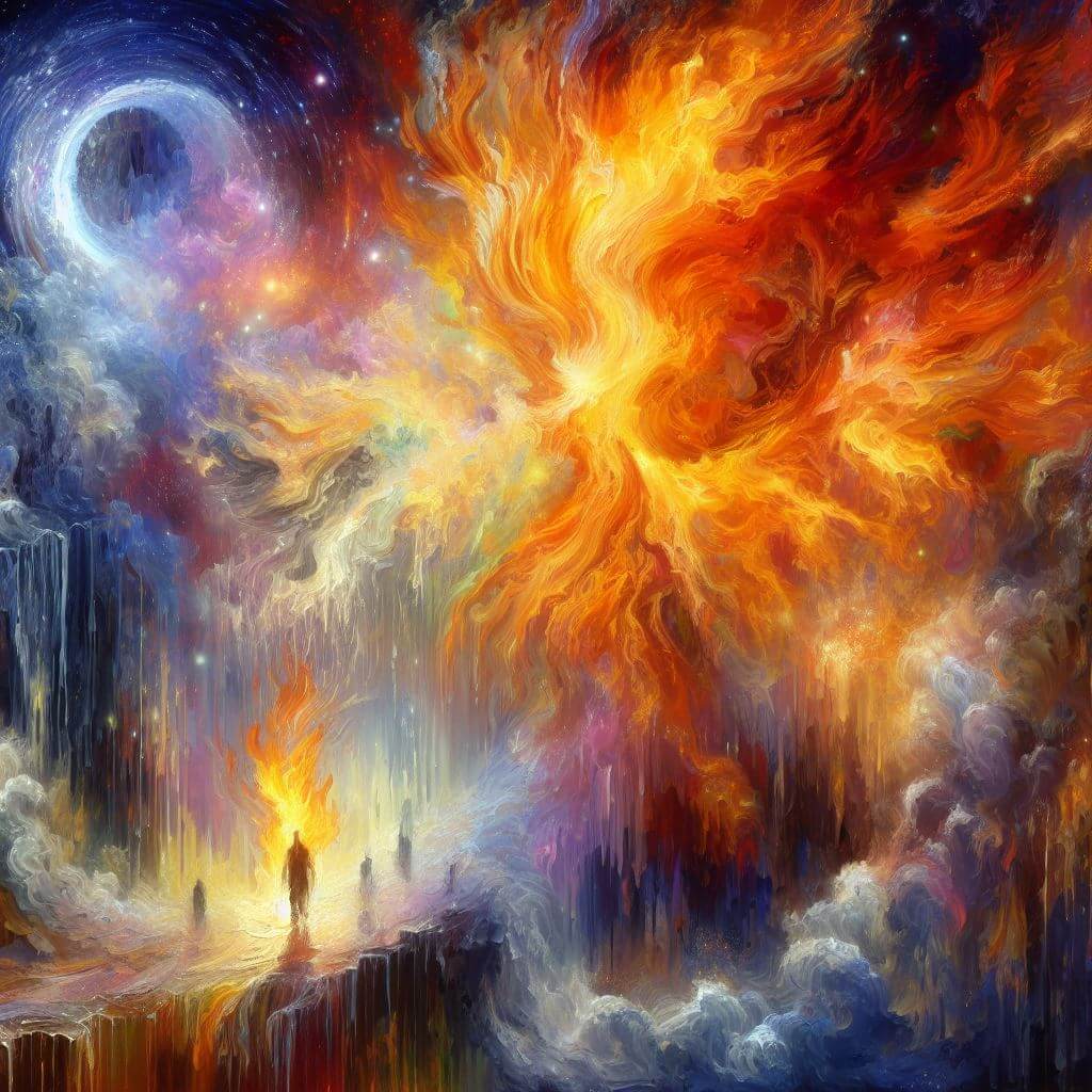 A cosmic dreamscape, with fire taking over the scene and a man walking while on fire