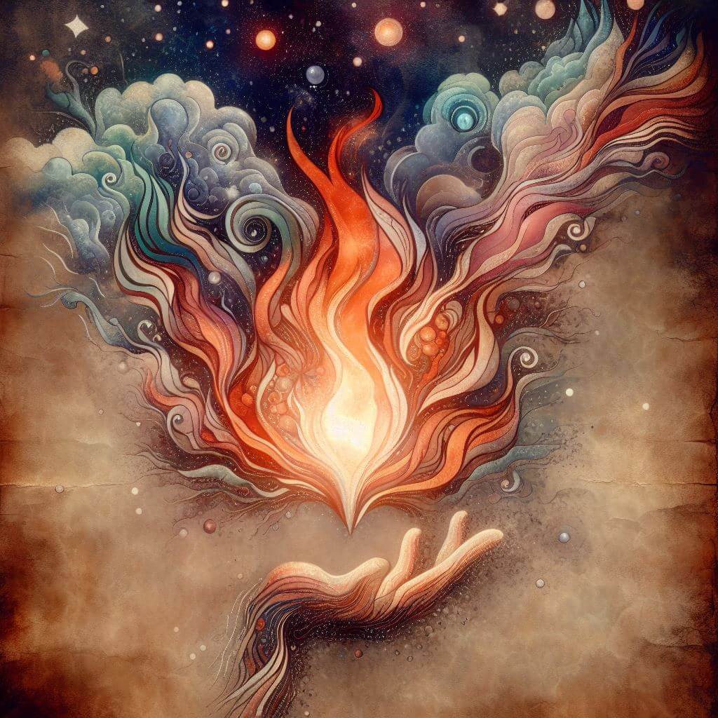 An illustration of a hand holding up a fire that spreads into the cosmos