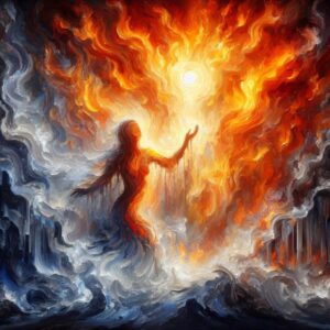 A painting of a woman figure facing an intense fire