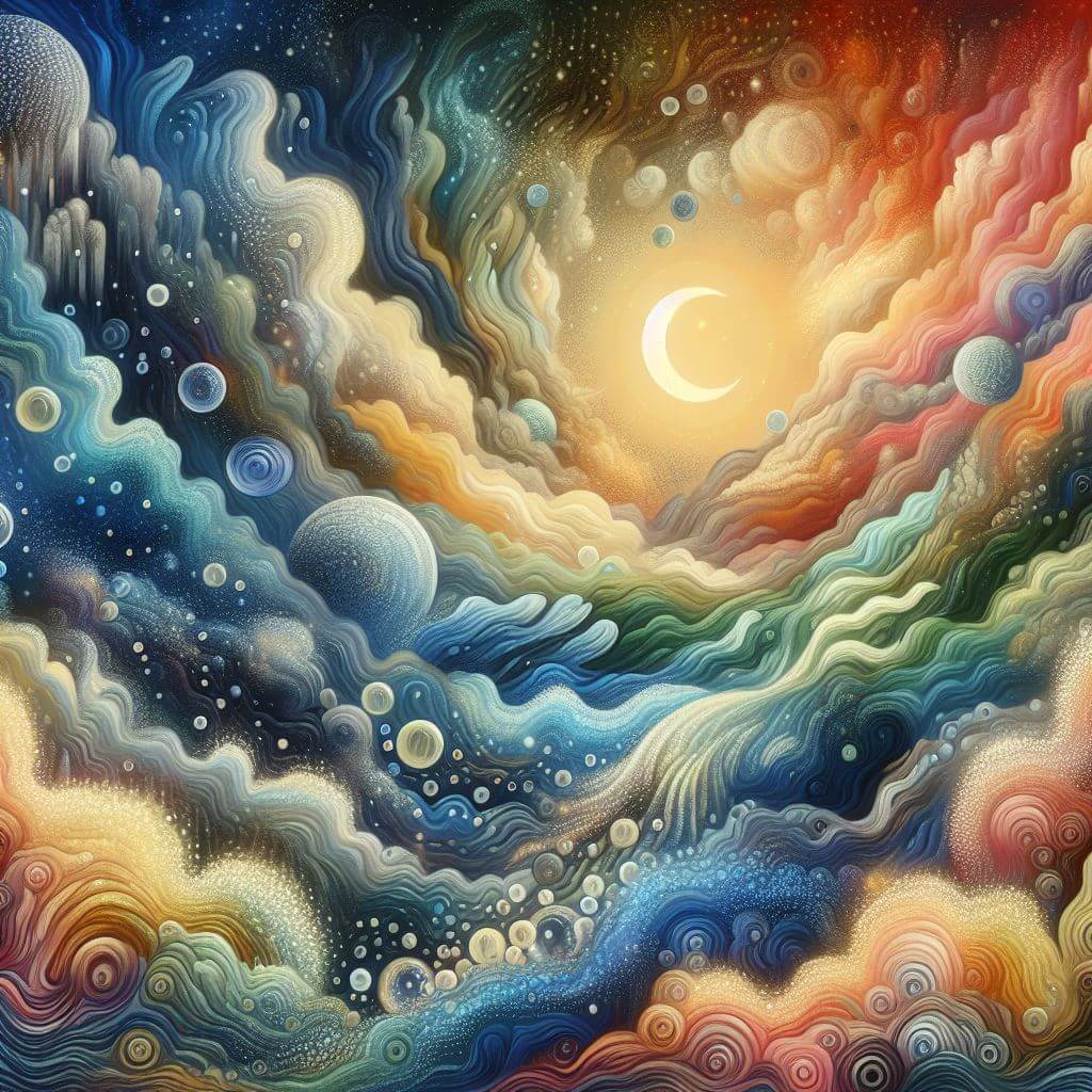 Colorful dreamscape with a focus on the moon in the back