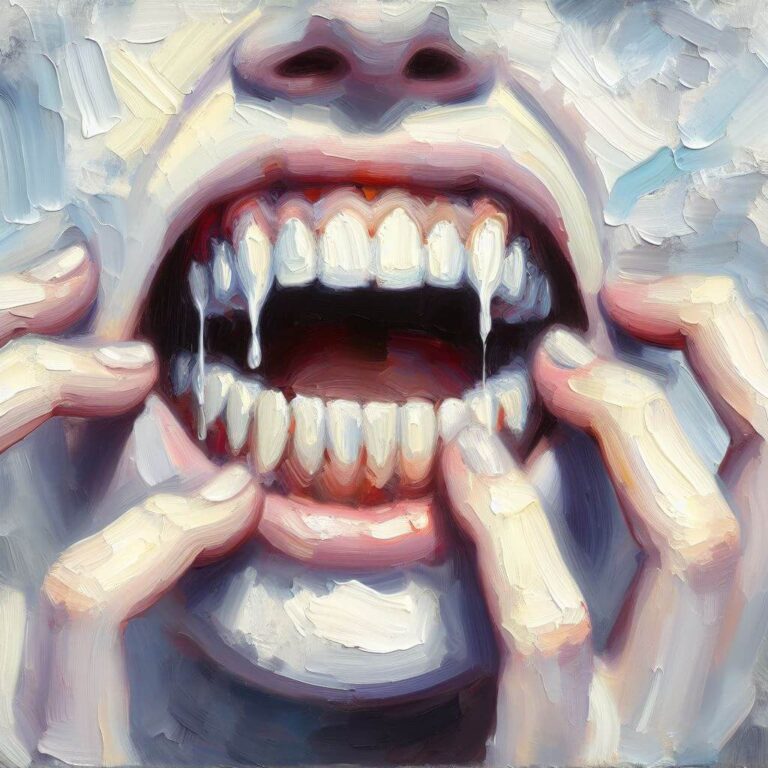 Oil painting of person with an open mouth scared of teeth falling out