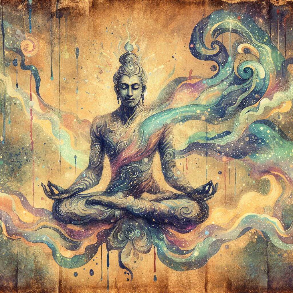 Illustration of a meditating man with colors swirling around him