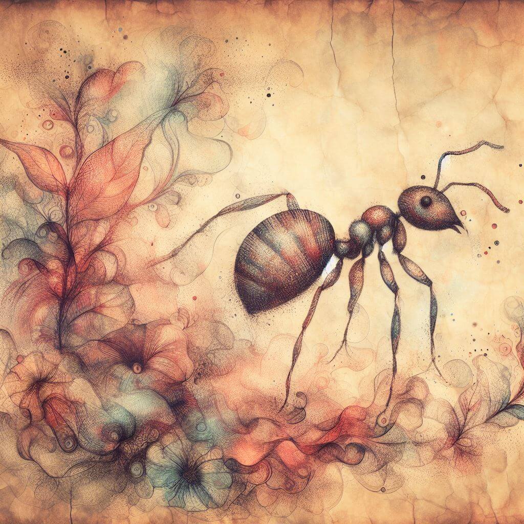 Illustration of an ant amongst some flowers.