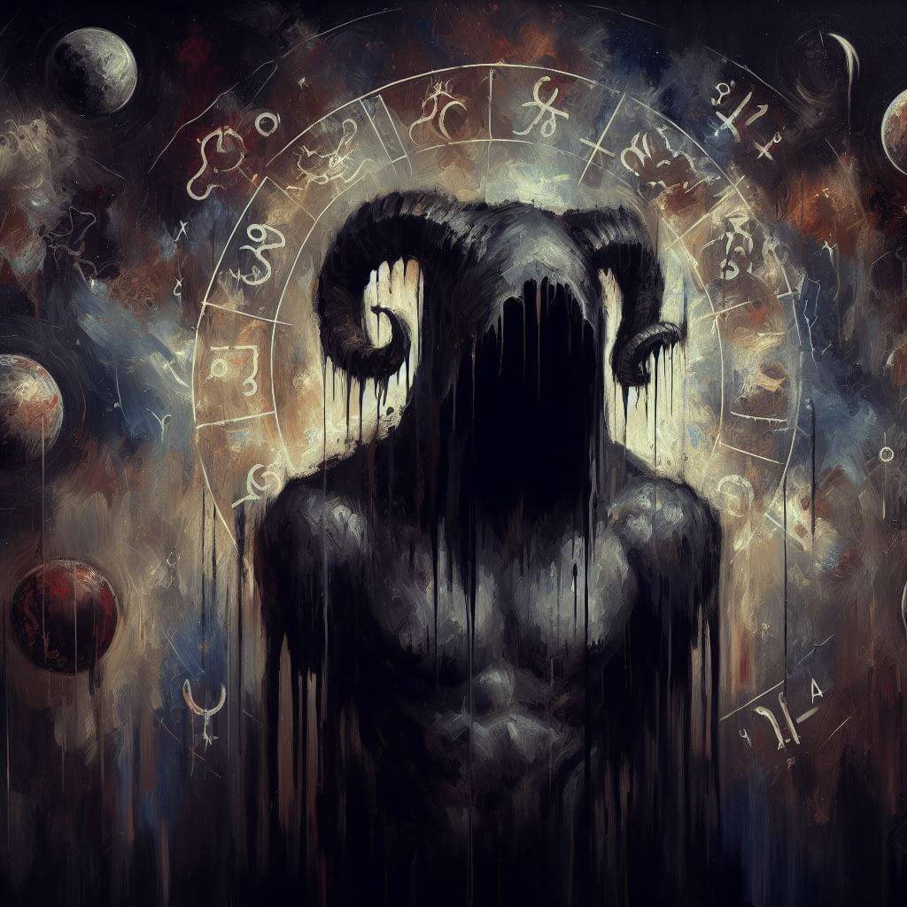 Painting of a shadowy figure surrounded by the dark zodiac signs.