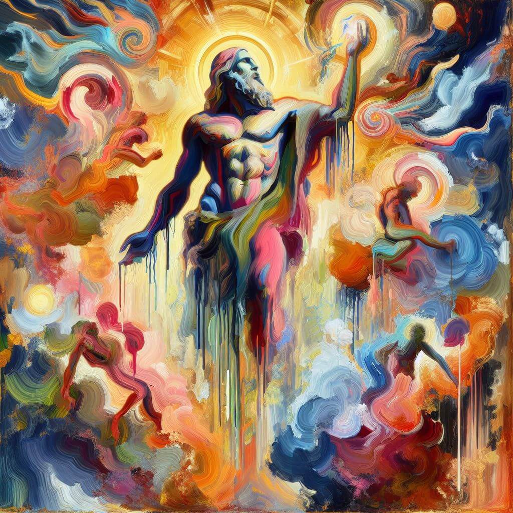 Colorful oil painting of godlike man representing the divine masculine