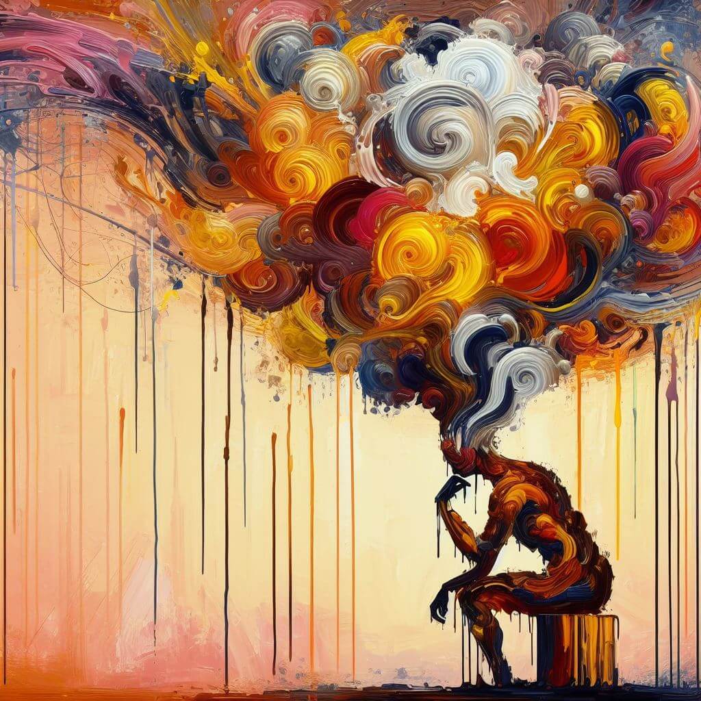 Oil painting of a man sitting in deep thought, out of his head comes swirls of thoughts that rise toward the sky