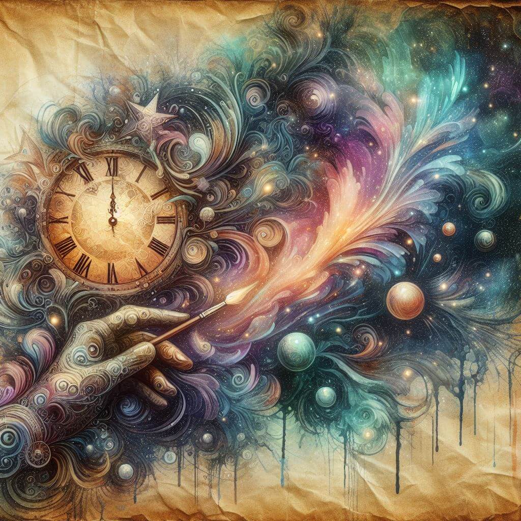 Colorful illustration of a hand painting the cosmos on paper, with a clock in the background.