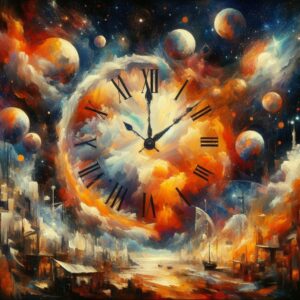 oil painting of a huge clock in space with planets all around it, seen from the ground. It's cosmic nature representing horary astrology.
