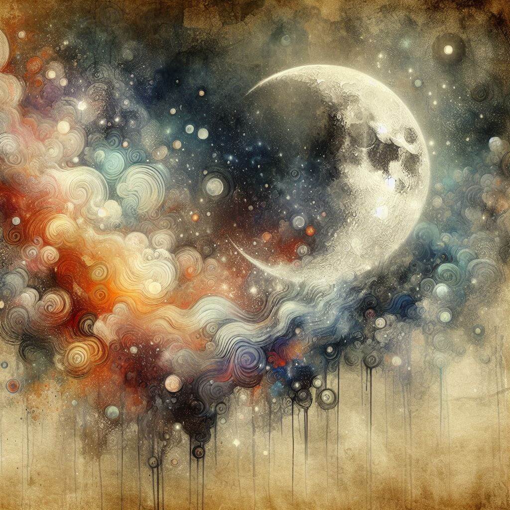 The lunar return illustrated through an artwork of the moon flying through a colorful cloud