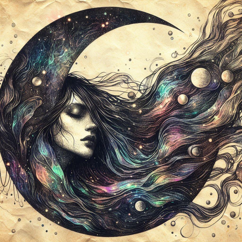 Abstract illustration of the moon with the face of a woman in it, her long hair flowing through the cosmos