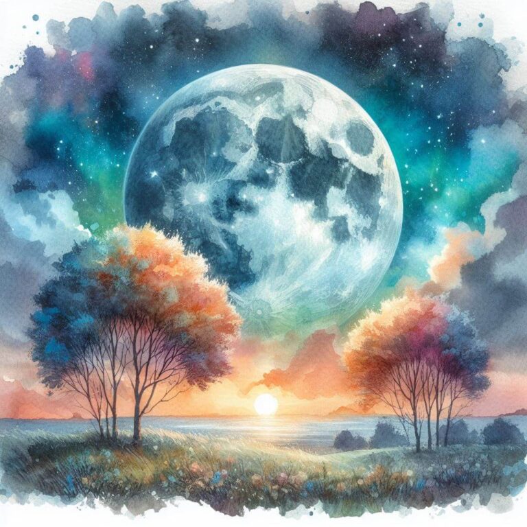 Watercolor painting of the moon rising over the landscape as the sun is setting