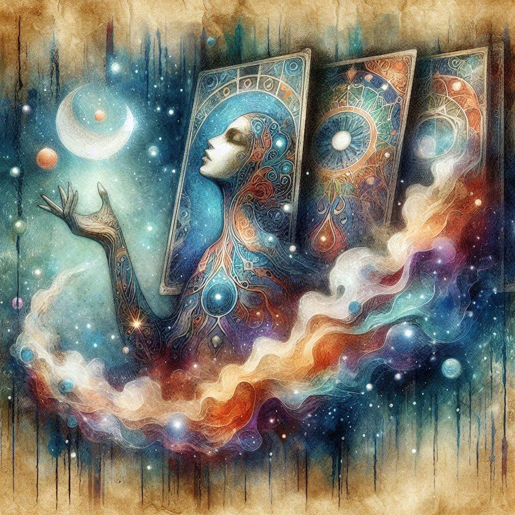 Illustration of a woman in a card floating through the cosmos on a colorful cloud 