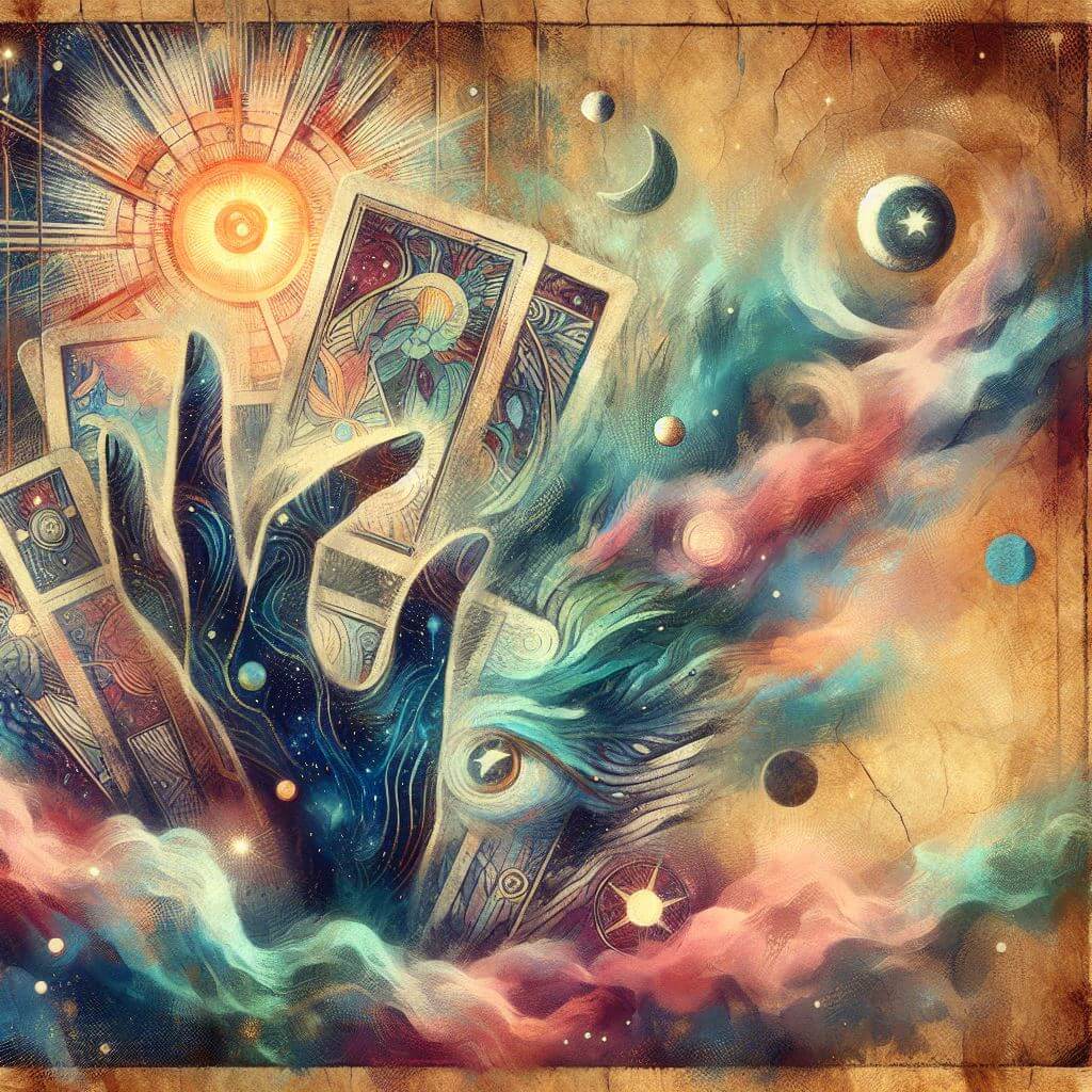 Abstract artwork of a cosmic hand plucking cards from a colorful cloud as a way to depict Oracle cards vs Tarot cards