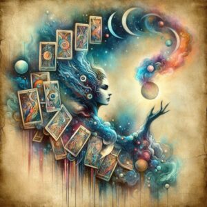 Illustration of a cosmic deity woman surrounded by a cloud turning into Tarot and Oracle cards