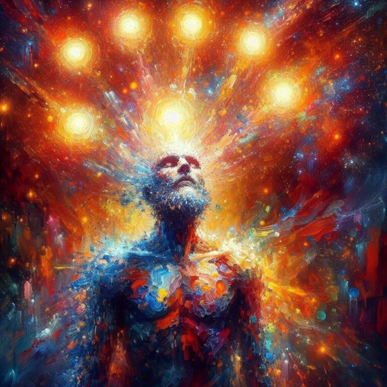 Oil painting of a bearded man looking up with the seven rays of light above him