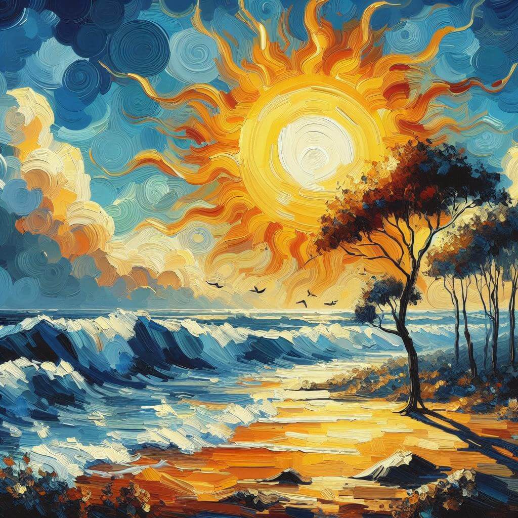 Oil painting of the sun shining on a beach with some trees on it, tall waves are crashing on the beach