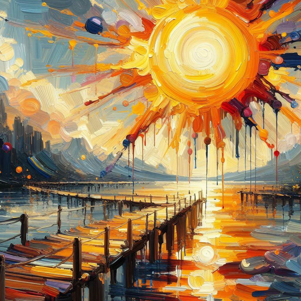 Oil painting of the sun over a lake with a small boat dock extending into the lake. The lake is flanked by tall mountains