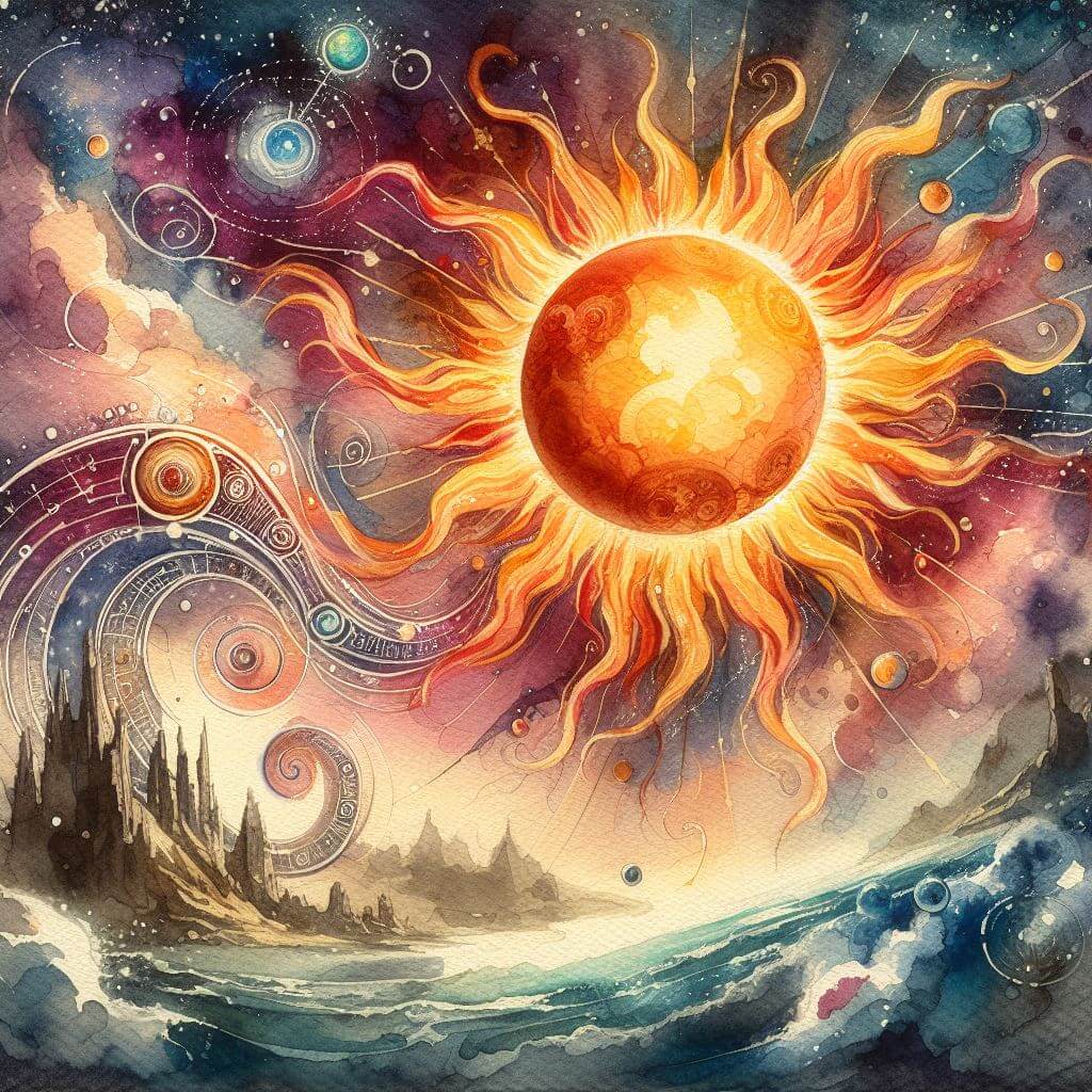 Illustration of a radiant sun shining over a rough sea, swirls descending from the sun representing the solar return