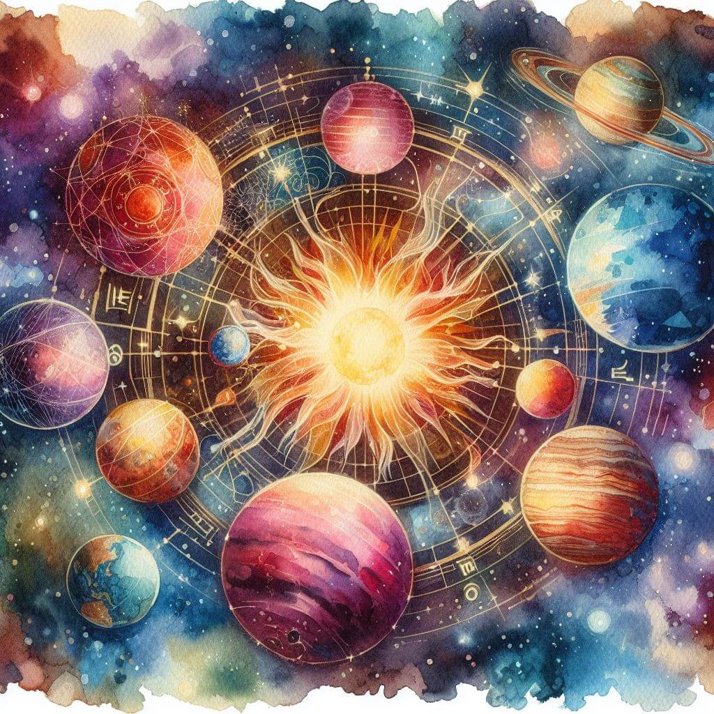Watercolor painting of planets circling a sun, in the background there is a zodiac wheel