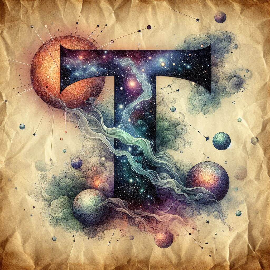 T-Square astrology in the form of an illustration of a huge cosmic T with planets and clouds circling it