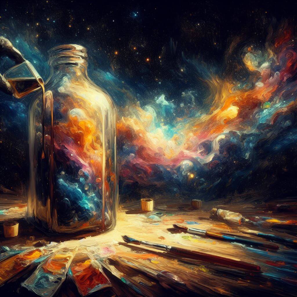 Colorful oil painting of a bottle with the universe in the background