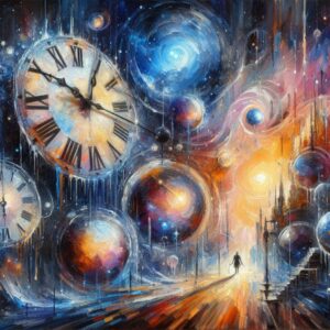 An oil painting trying to answer the question, what astrological age are we in, in an abstract way, with a person looking at a cosmos filled with clocks and shapes