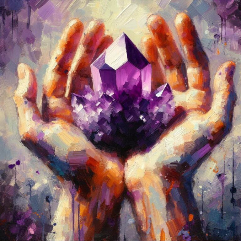 Oil painting of two hands holding up a large Amethyst cluster.