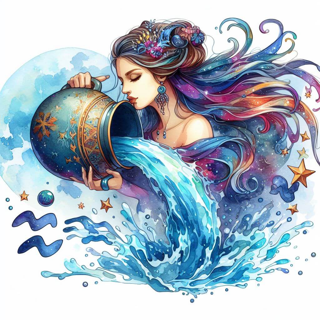 Detailed and colorful watercolor painting of Aquarius, the Water Bearer, pouring water from a vessel.
