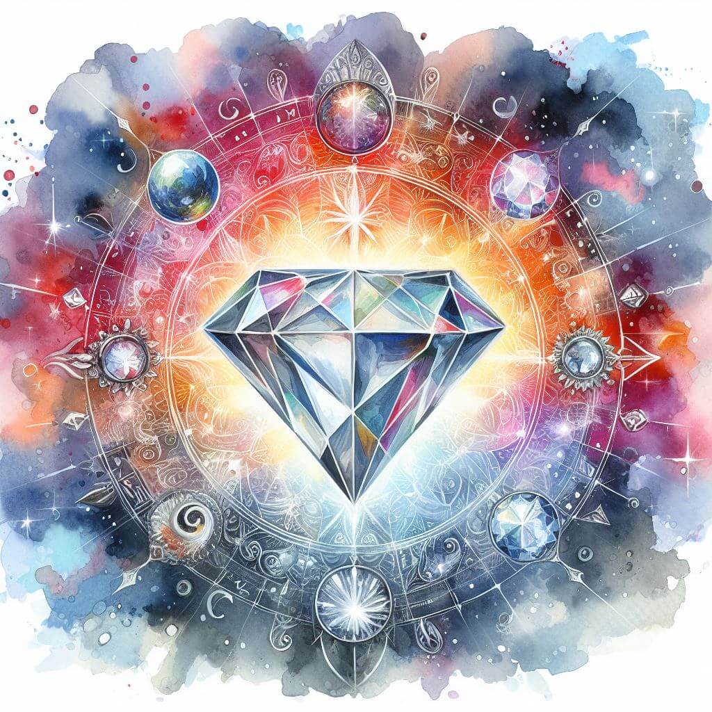 Colorful watercolor painting of a big diamond in the center of a circle of different gems and symbols. 
