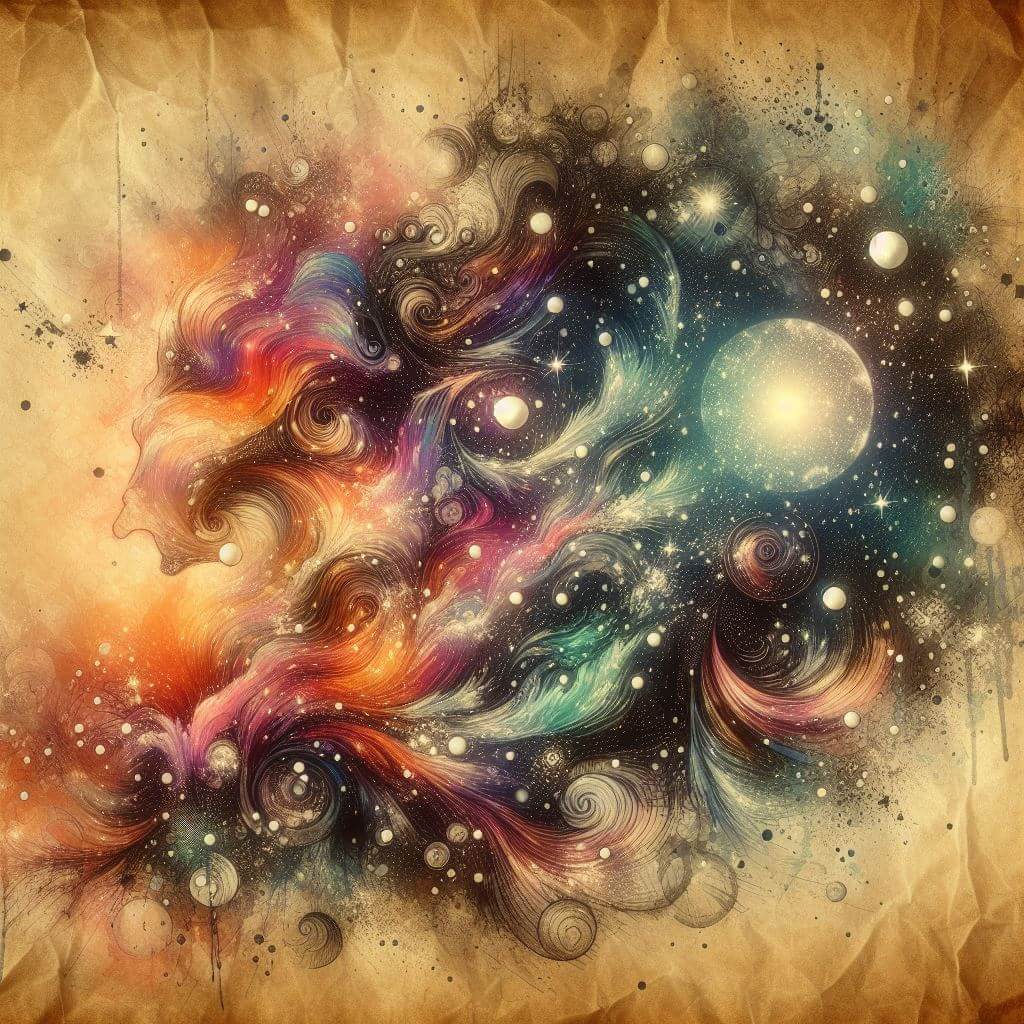 Colorful illustration on paper of clouds and swirls with the cosmos as a backdrop