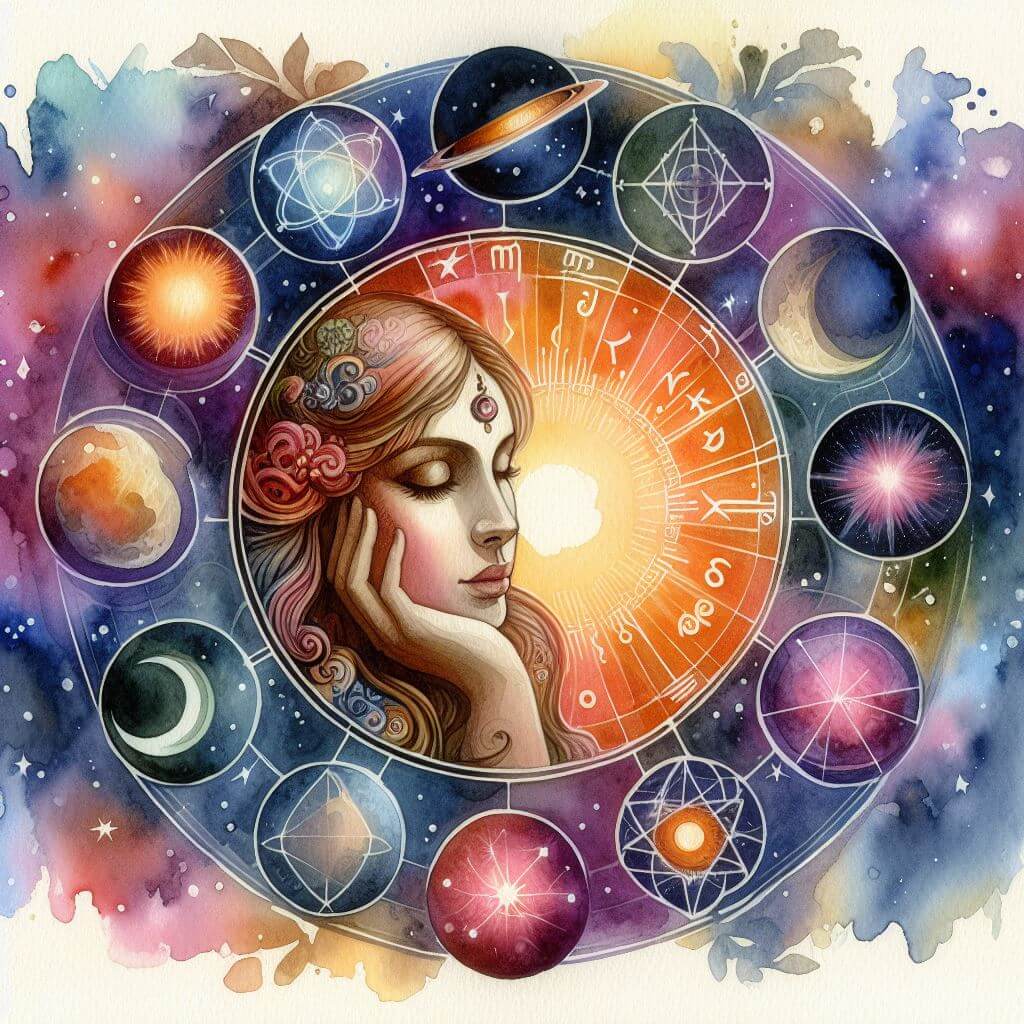 Watercolor painting of a contemplating woman in a circle of planets, signs, and symbols as a representation of astrology for dummies
