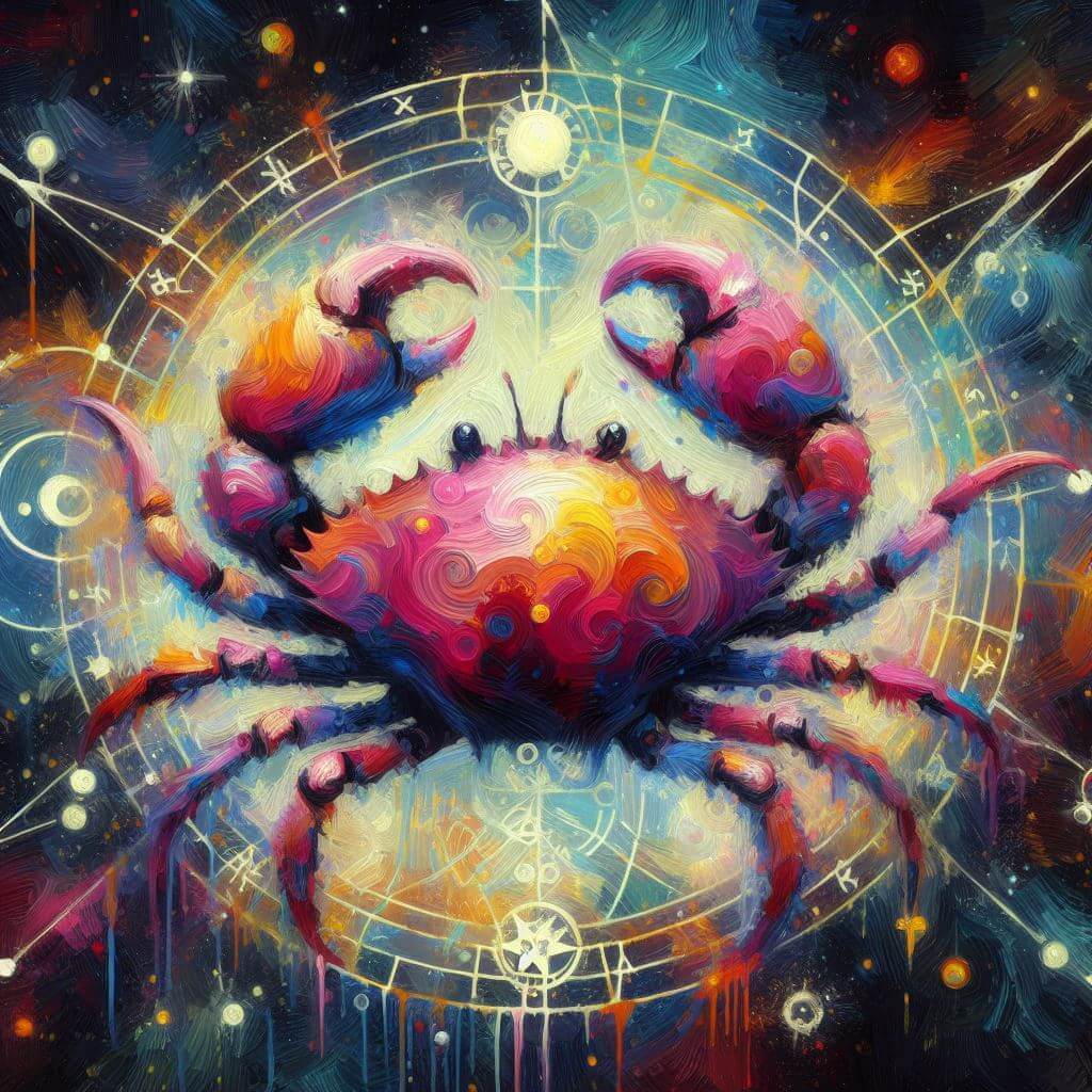 Oil painting of Cancer, the crab, floating through the cosmos in the center of a zodiac wheel.