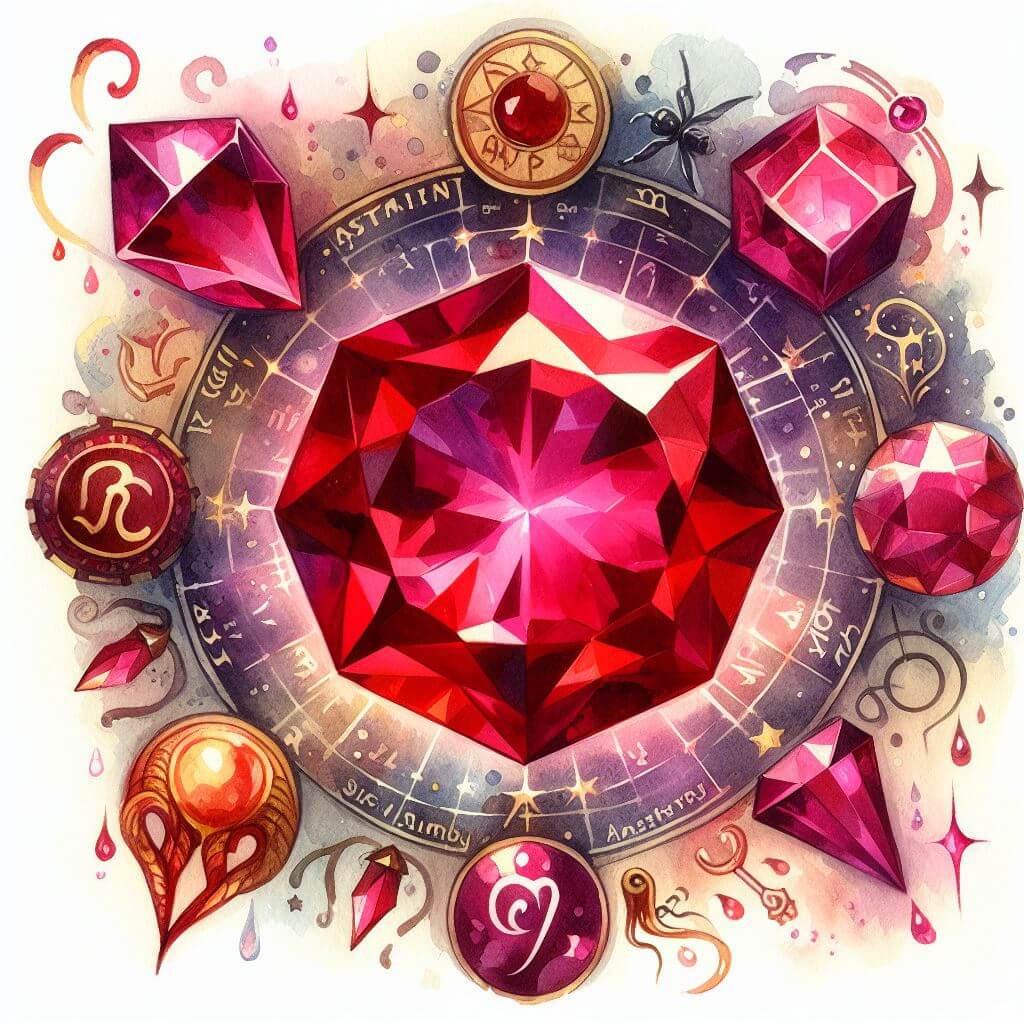Watercolor painting of a ruby sitting in the center of a zodiac circle, surrounded by more rubies.