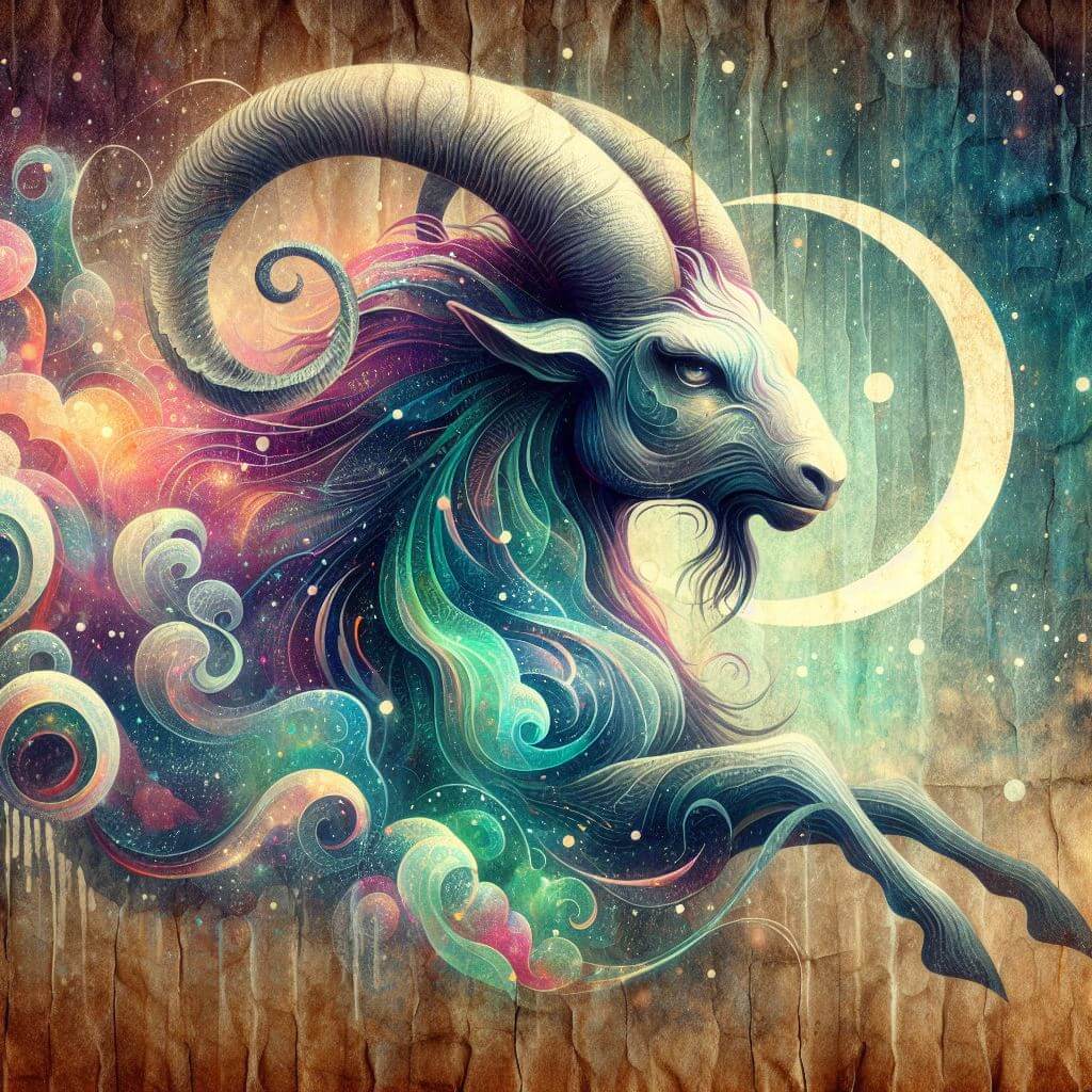 Capricorn, the Sea-Goat, running through the cosmos, its body turning into colorful clouds and swirls.