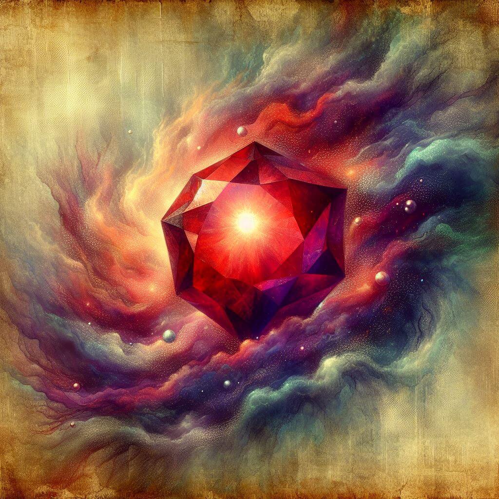 A garnet in a colorful nebula, reflecting the light of a star.