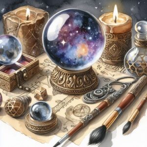 A crystal ball used as a divination tool amidst other tools.