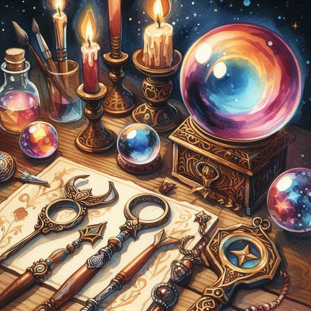 Watercolor image of different divination tools.