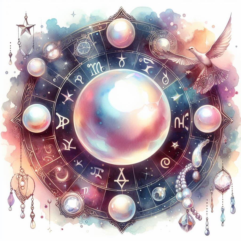 Watercolor painting of a pearl, the Gemini birthstone, sitting in the center of a zodiac wheel.