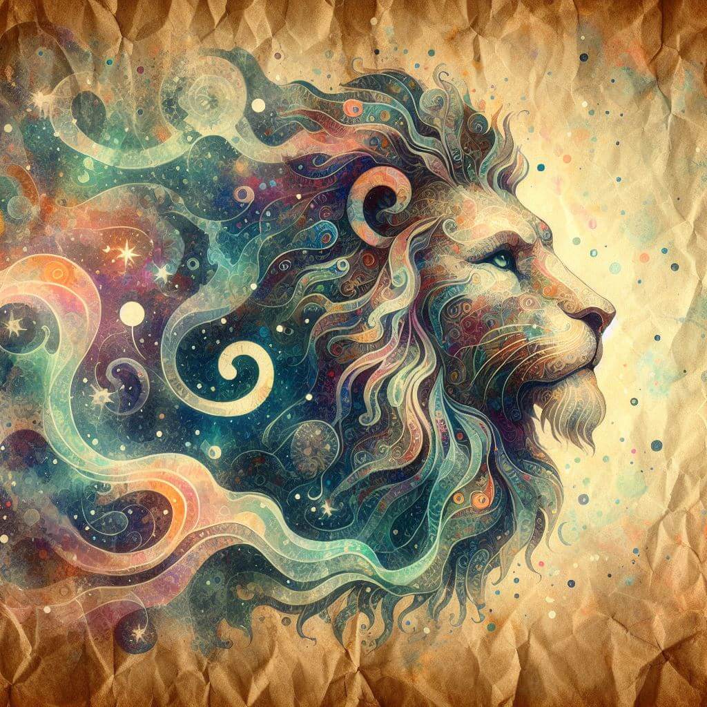 Illustration on old wrinkled paper of Leo, the lion, with a colorful mane of stars and swirls. 