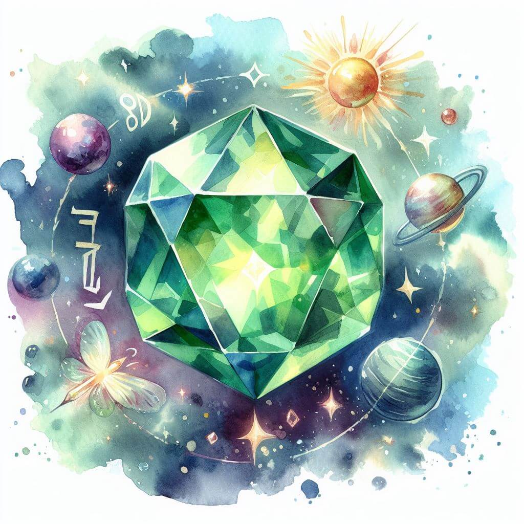 Watercolor painting of a peridot, the Leo birthstone, in space, surrounded by planets and stars.