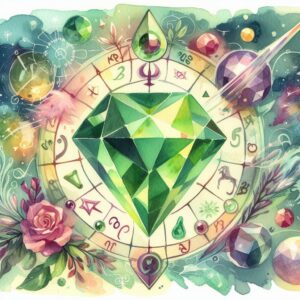 Busy watercolor painting of a peridot sitting in the center of a zodiac circle, surrounded by planets, gems, and flowers.